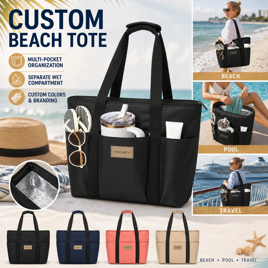 Custom multi-pocket beach tote with wet compartment and multiple color options