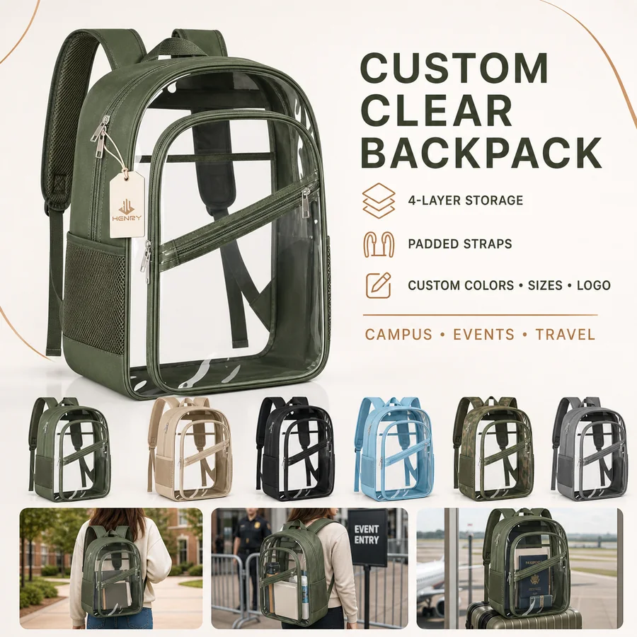 Custom clear PVC backpack with reinforced fabric trim and multiple color directions