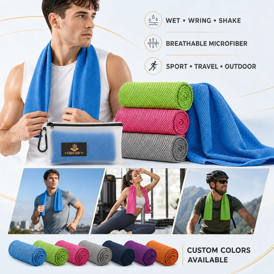 Custom microfiber mesh cooling towels in multiple colors with running, fitness and outdoor use