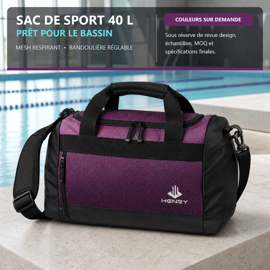 Custom black and deep-purple 40L wet-gear sports duffel with mesh panels, top handles and an adjustable shoulder strap