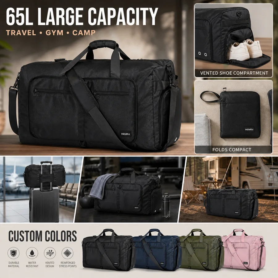 Custom travel duffle bag with shoe storage, trolley handling and multiple color options