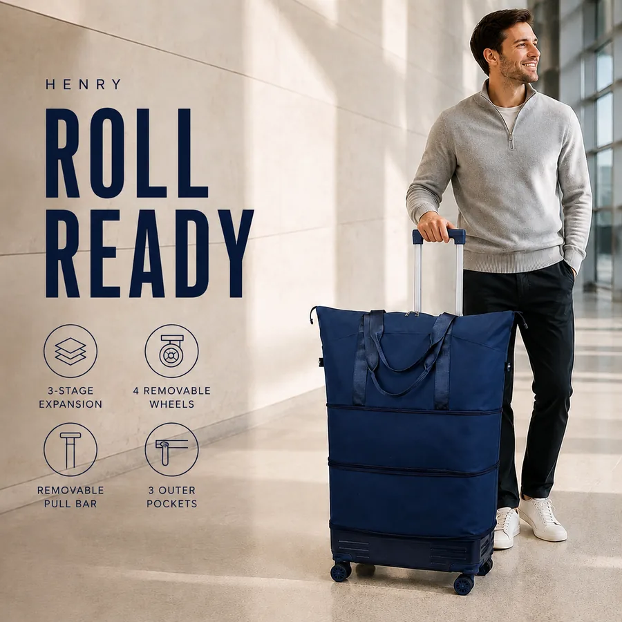 Rolling travel duffel shown as one component and expansion-layout example