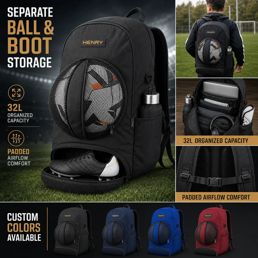 Team football backpack with separate ball and footwear compartments