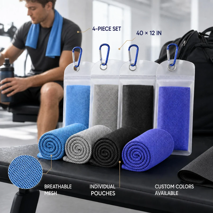 Four custom cooling sports towels with individual pouches and carabiner clips arranged as a coordinated set