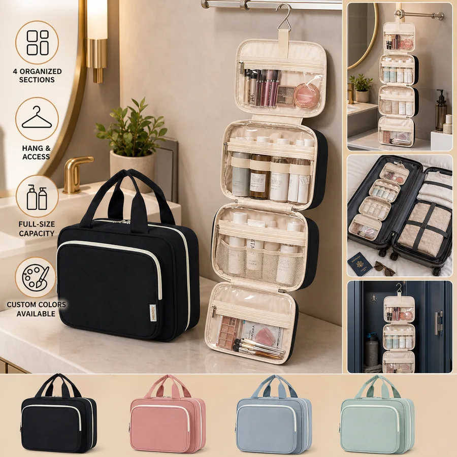 Large hanging toiletry organizer opened to show four storage sections
