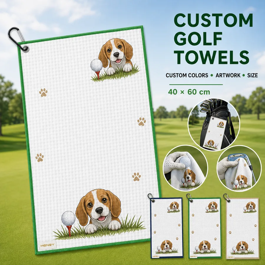 Custom microfiber waffle golf towel with clip, artwork and multiple trim colors