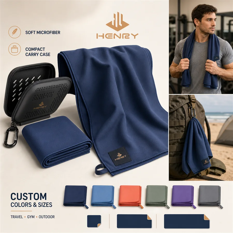 Custom microfiber travel towel with ventilated carry case, color options and outdoor use scenes