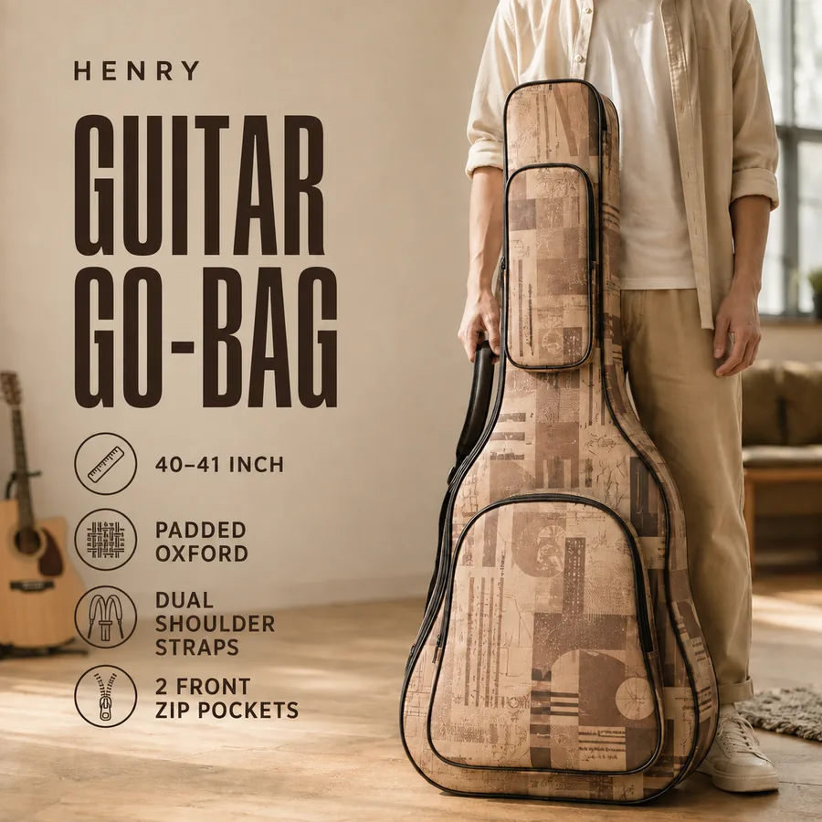 Tan and brown padded guitar gig bag shown as one pocket and shoulder-strap layout example