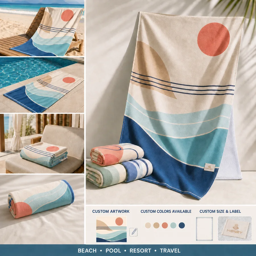 Custom printed beach towel shown in pool, resort and travel settings with artwork and color options