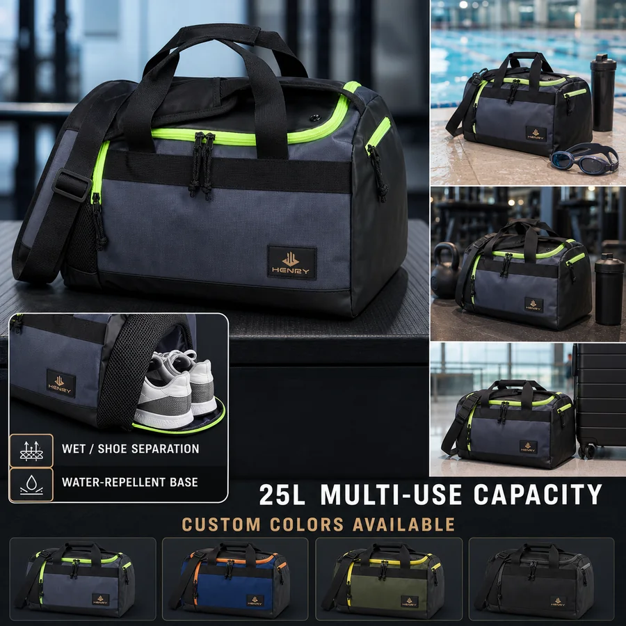 Custom sports duffel with wet and shoe separation, water-repellent base and color options