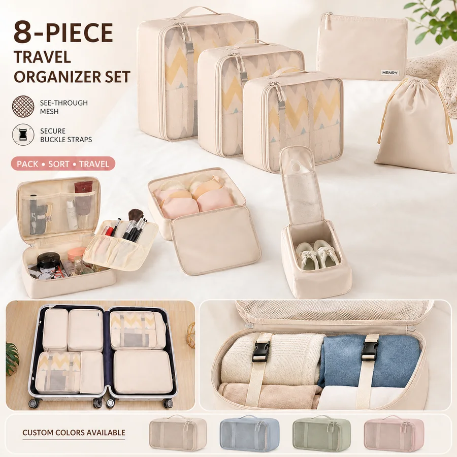Coordinated eight-piece travel packing organizer set