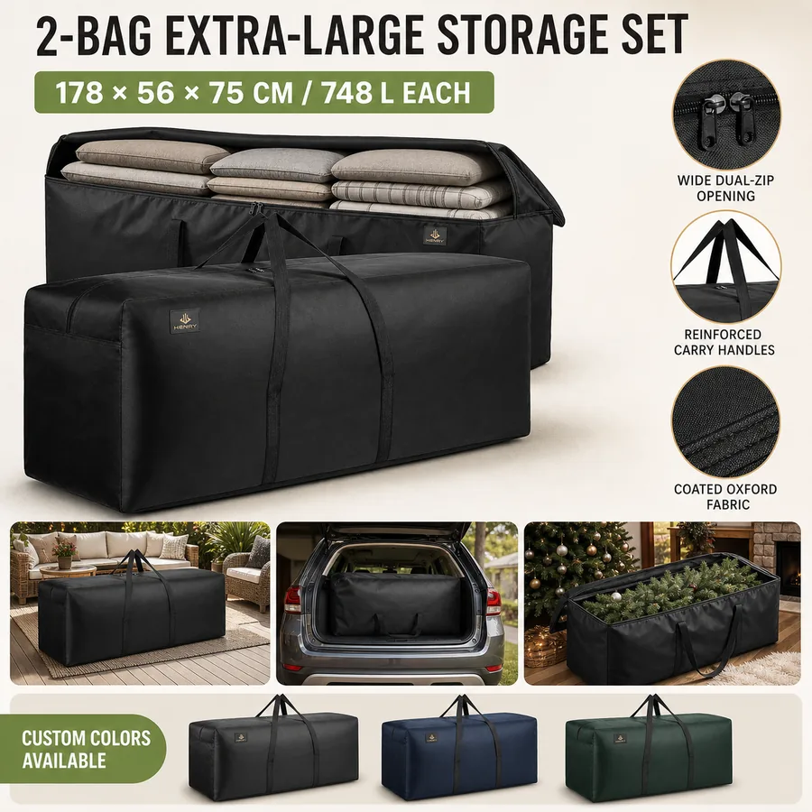 Extra-large coated Oxford cushion storage bags with dual zips, reinforced handles and custom color options
