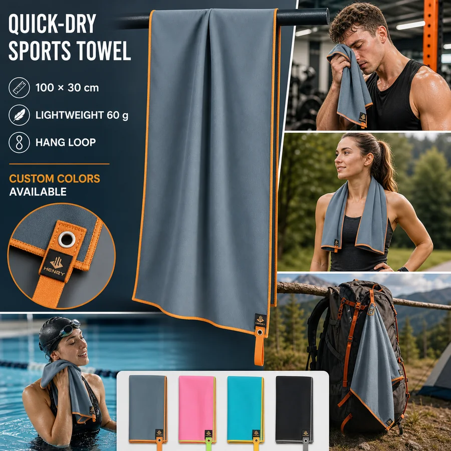 Custom quick-dry microfiber sports towel with hanging loop and active-use scenes
