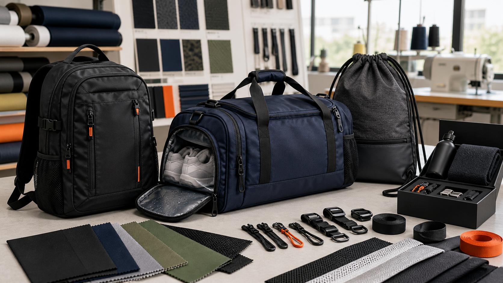 Custom gym bags, duffel bags, backpacks, drawstring bags, fabric swatches, and hardware samples for OEM bag manufacturing
