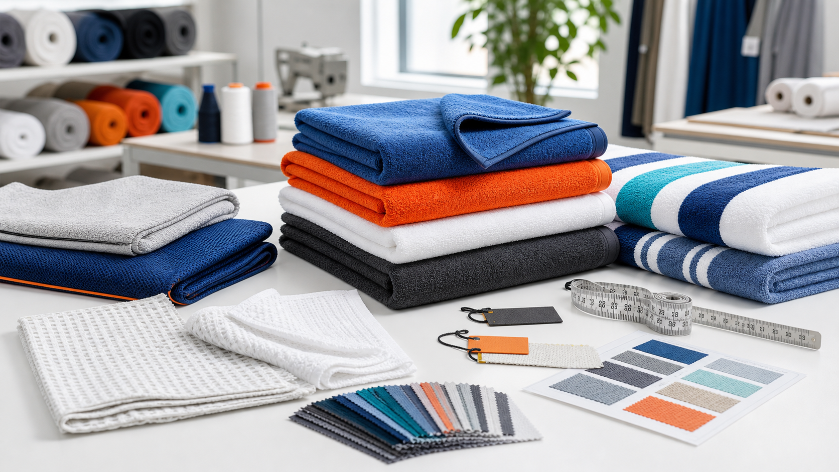 Custom sports towels, beach towels, waffle towels, color swatches, and fabric samples for OEM towel manufacturing