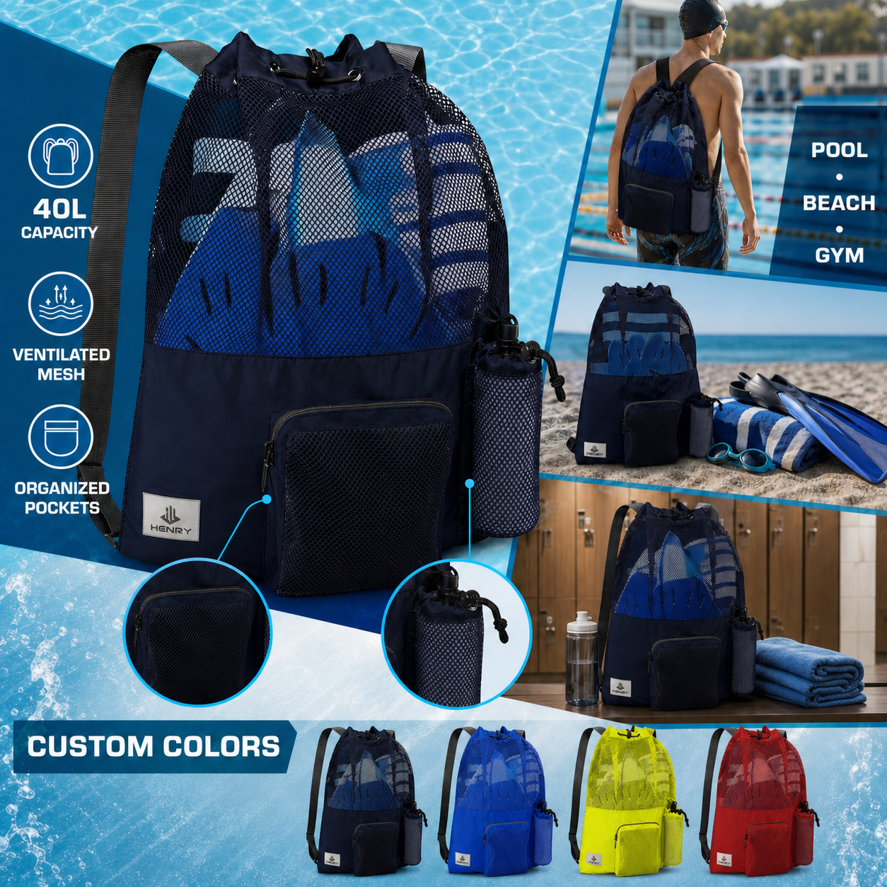 Custom 40L ventilated mesh swim gear backpack with front zip pocket, bottle holder, pool, beach and gym scenes, and multiple color options