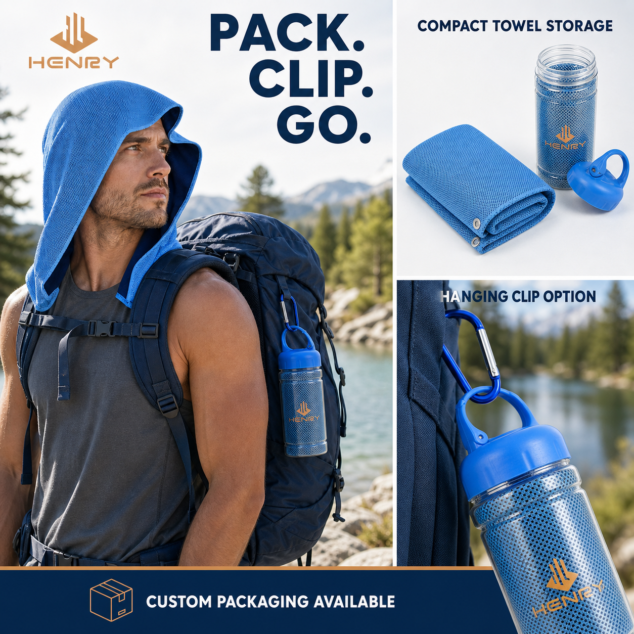 HENRY hooded cooling towel folded into a ventilated carry bottle with hanging clip for backpack use