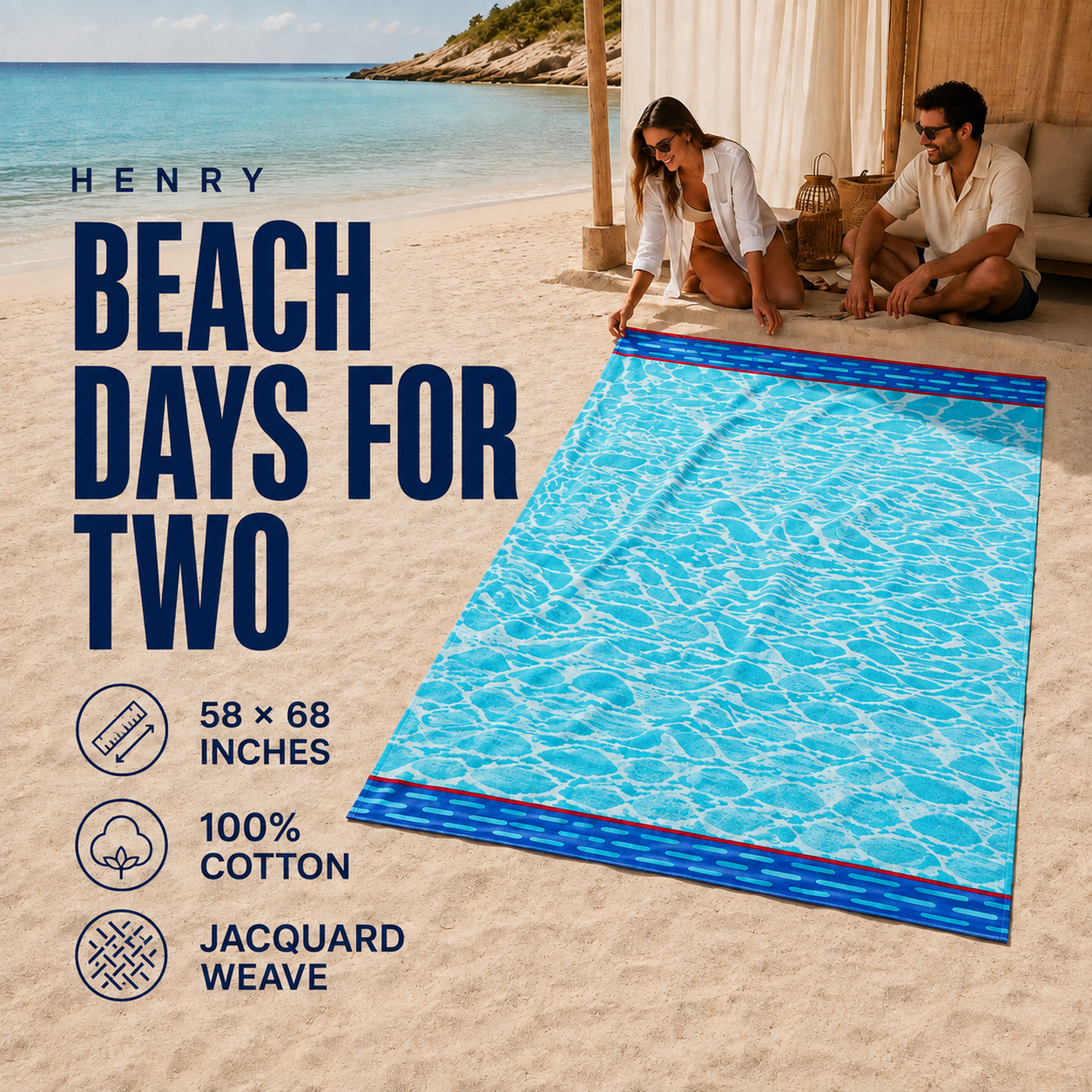 Aqua jacquard cotton beach towel for two One aqua-and-white jacquard cotton beach towel with dark blue end bands laid out beside two adults near the beach