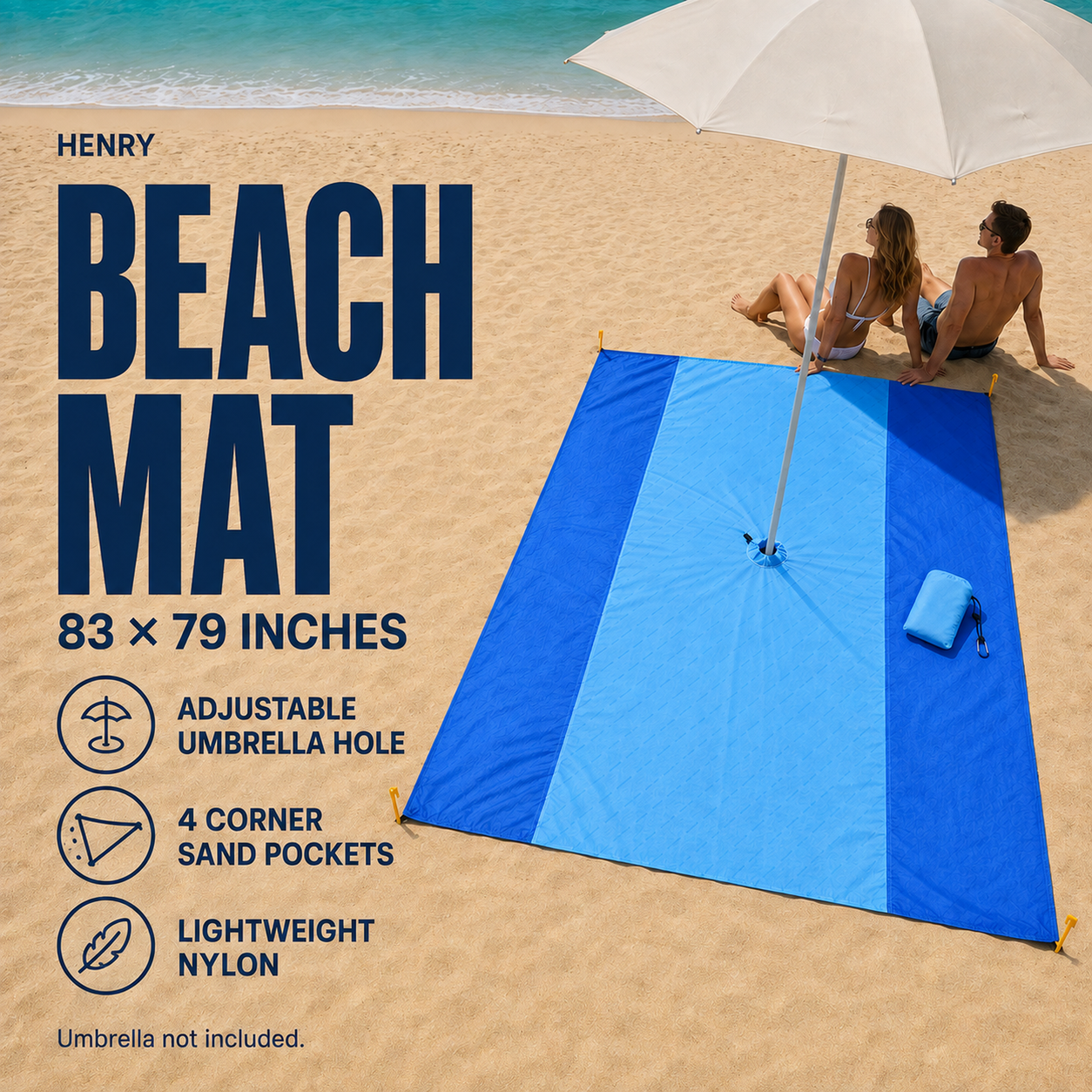 Blue nylon beach mat with an adjustable central umbrella hole, four yellow stakes and a light blue attached bag
