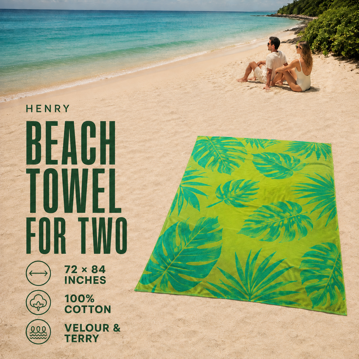HENRY GOOD botanical cotton beach towel for two Lime and jade botanical cotton beach towel for two on sand with 72 x 84 inch reference dimensions