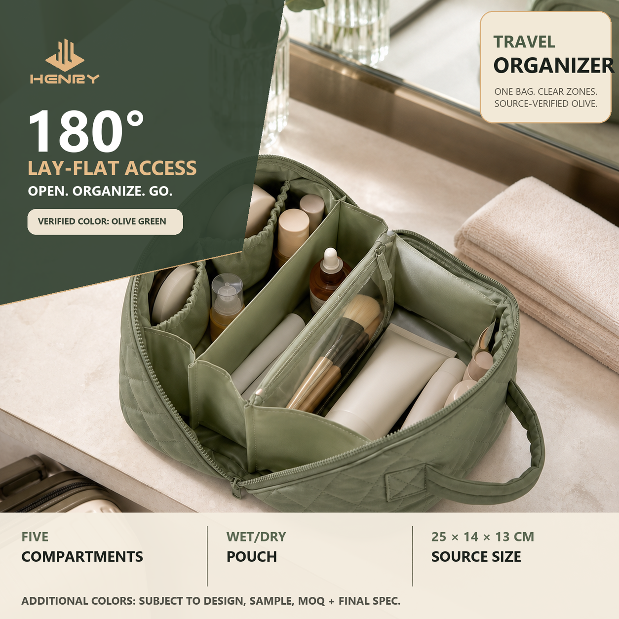HENRY GOOD Custom 180° Lay-Flat Travel Makeup Bag Olive-green 180-degree lay-flat travel makeup bag with five compartments and transparent inner pouch on a hotel vanity