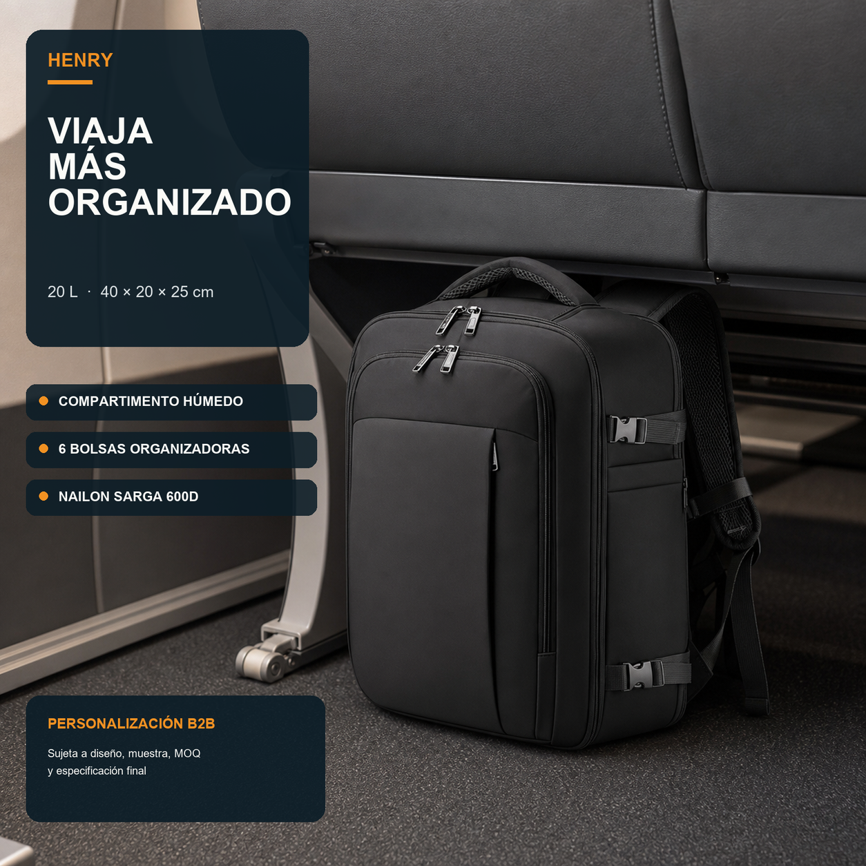 HENRY GOOD Custom 20L Underseat Cabin Backpack Black 20 L underseat cabin backpack with front compartments and side compression straps