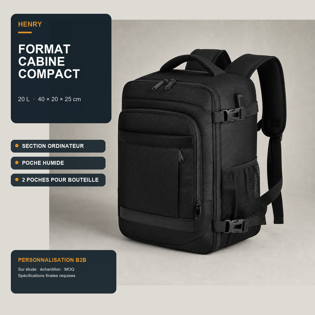 Black 20L underseat travel backpack with wet-pocket and laptop-storage callouts