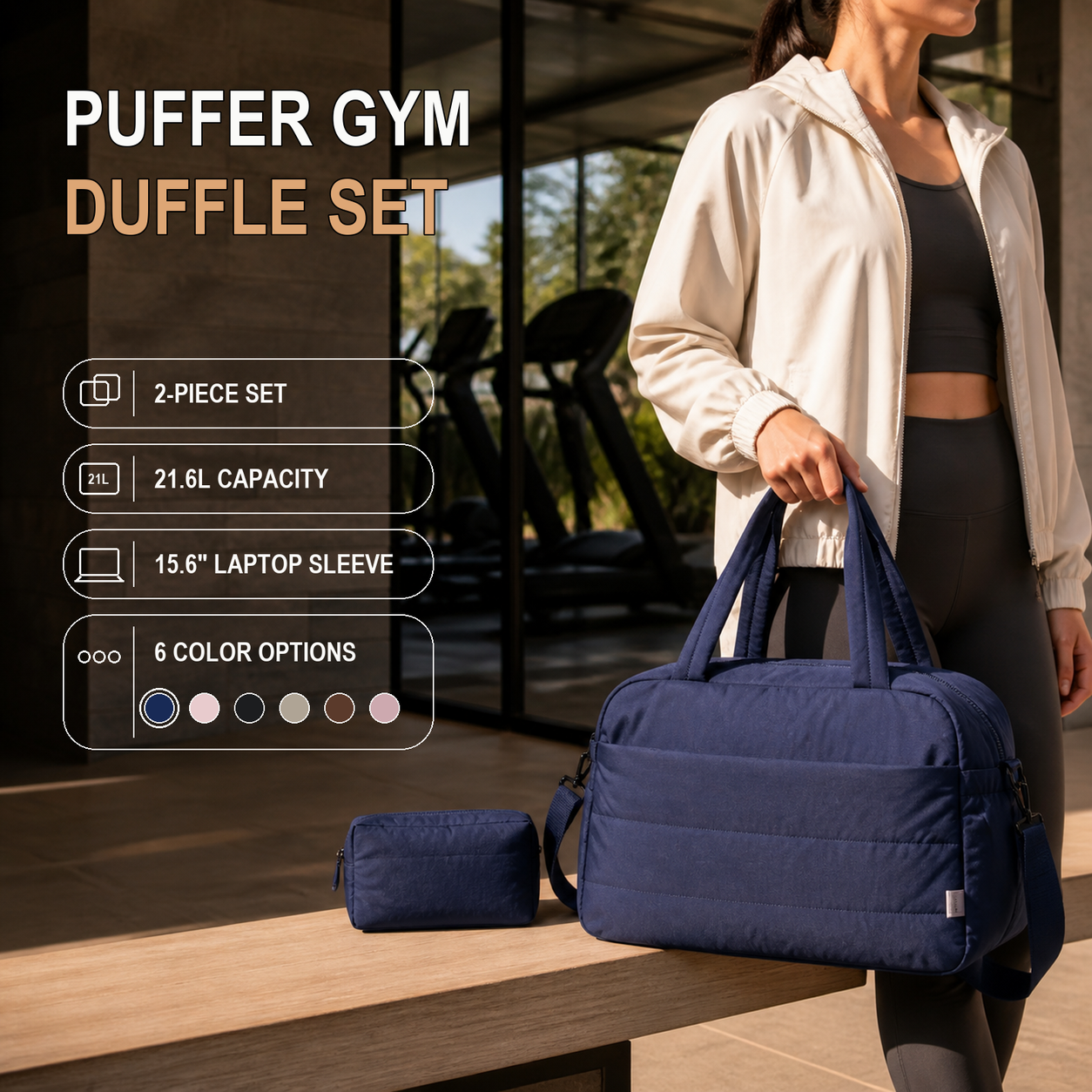 Navy blue 21.6L puffer gym duffle with matching companion pouch, laptop sleeve and travel organization
