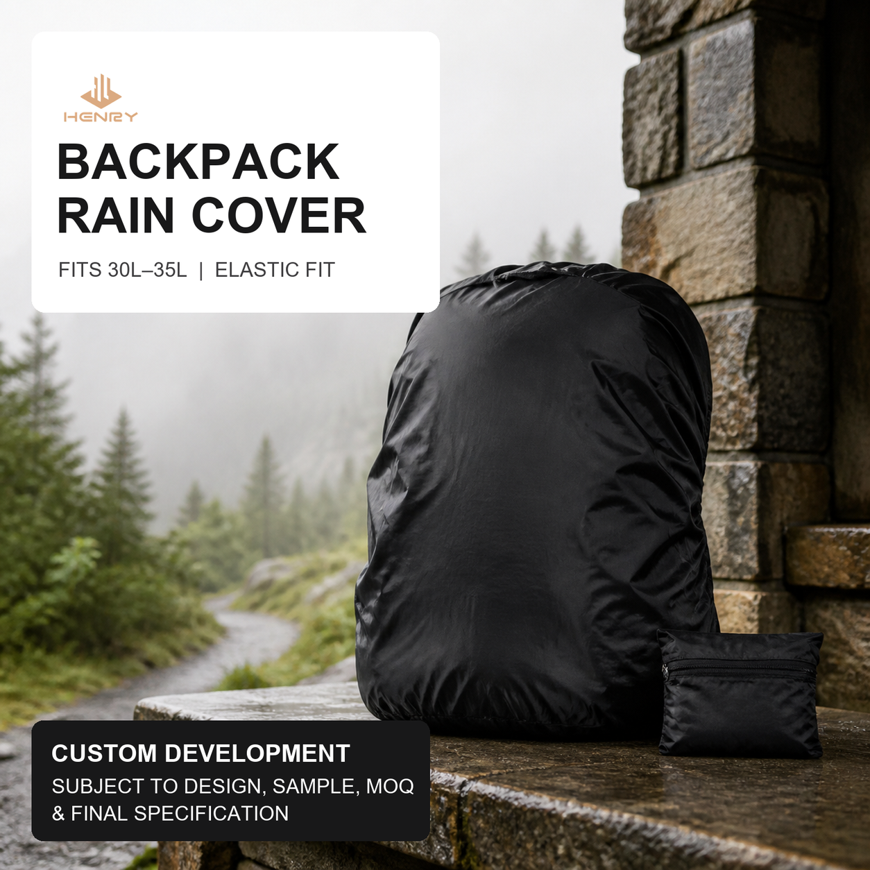 HENRY GOOD Custom 30L–35L Backpack Rain Cover Black 30L to 35L backpack rain cover with elastic fit and matching storage pouch in an outdoor setting