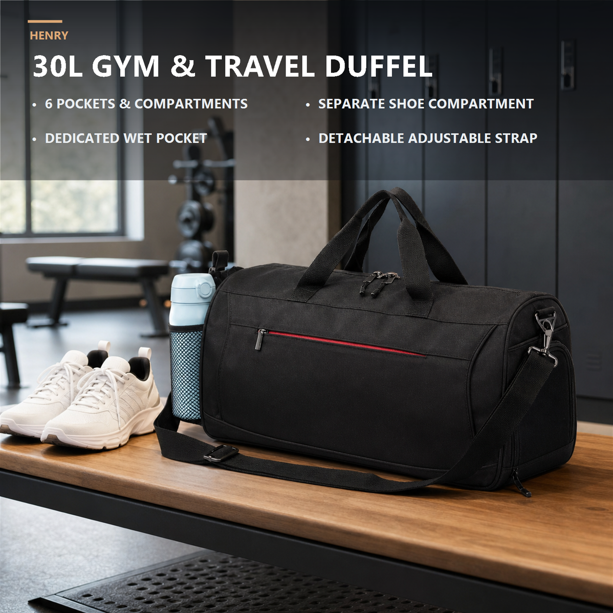 Black 30 L gym and travel duffel bag with double handles, detachable shoulder strap and red zipper accent