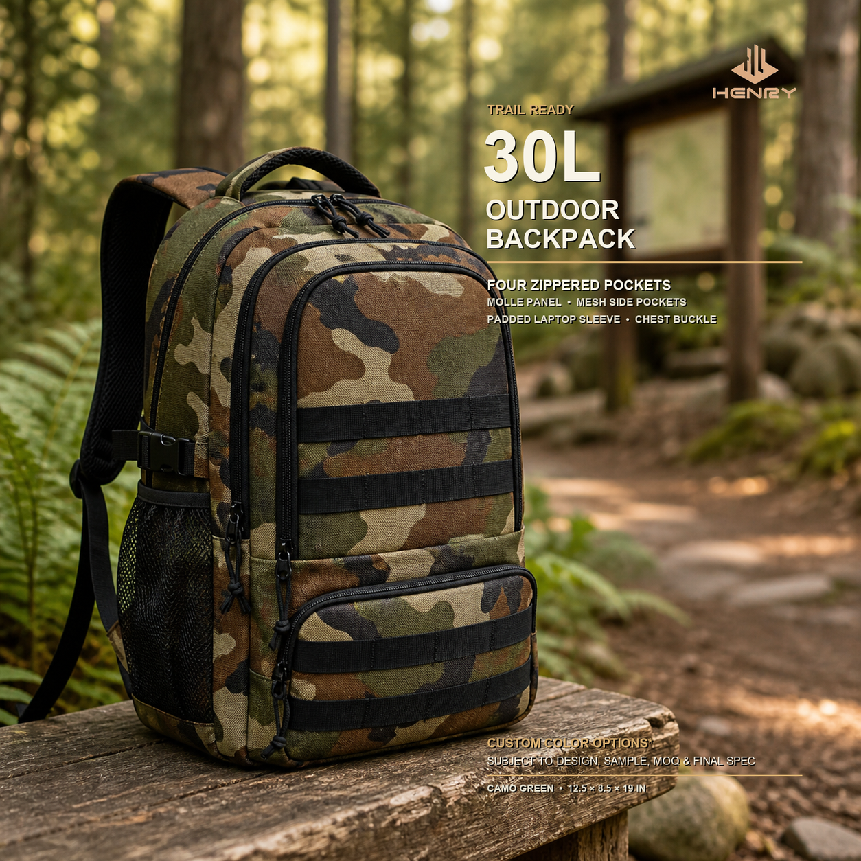 HENRY GOOD Custom 30L Outdoor Backpack Camo green 30L outdoor backpack with multiple zippered pockets, mesh side pockets, MOLLE panel, chest buckle, and reflective trim