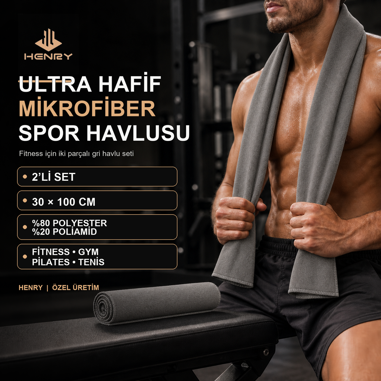 HENRY GOOD Custom 30 × 100 cm Microfiber Gym Towel Set Two medium-grey 30 × 100 cm microfiber gym towels in a fitness setting