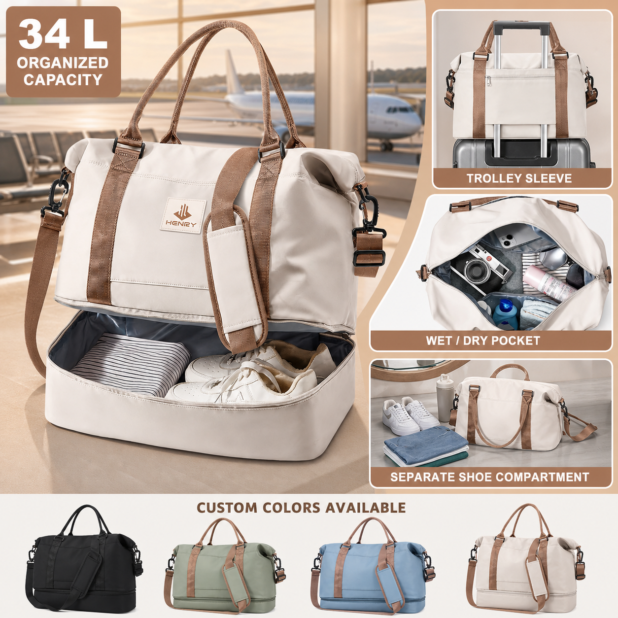 Custom beige and brown 34 L travel duffel bag with shoe compartment, wet/dry pocket, trolley sleeve, and multiple color options