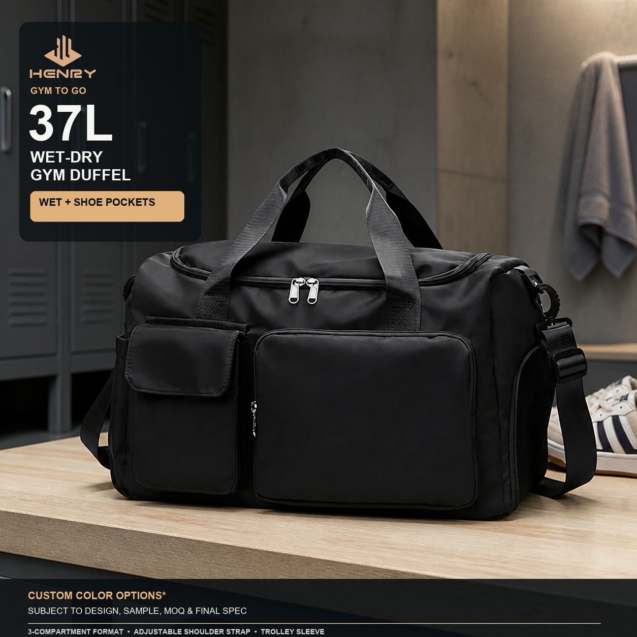 Black 37L three-compartment wet-dry gym duffel in a locker-room setting