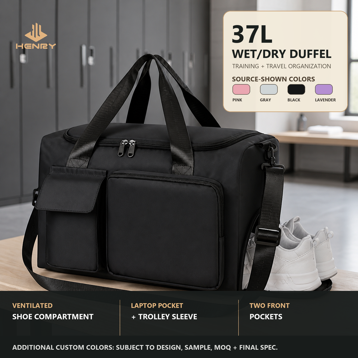Black 37L wet dry gym and weekender duffel with ventilated shoe compartment in a locker-room setting