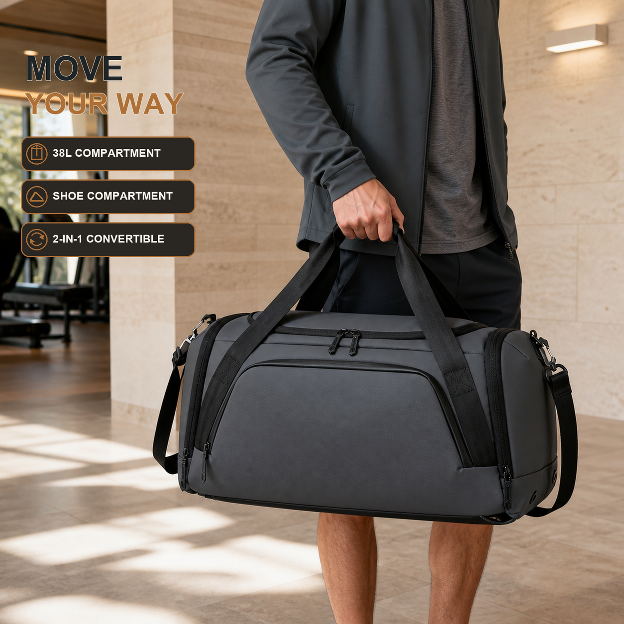 Dark grey 38L convertible gym duffel backpack with top handles, detachable shoulder strap and separate shoe compartment
