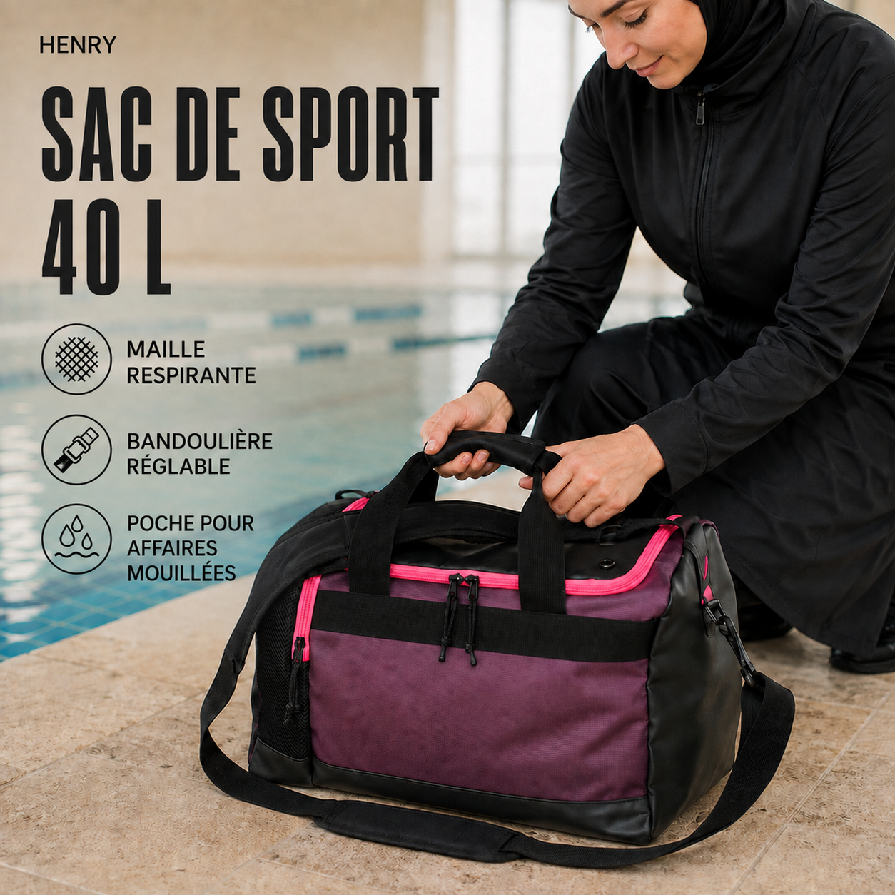Custom black and deep-purple 40L wet-gear sports duffel with breathable mesh, top carry handles and an adjustable shoulder strap