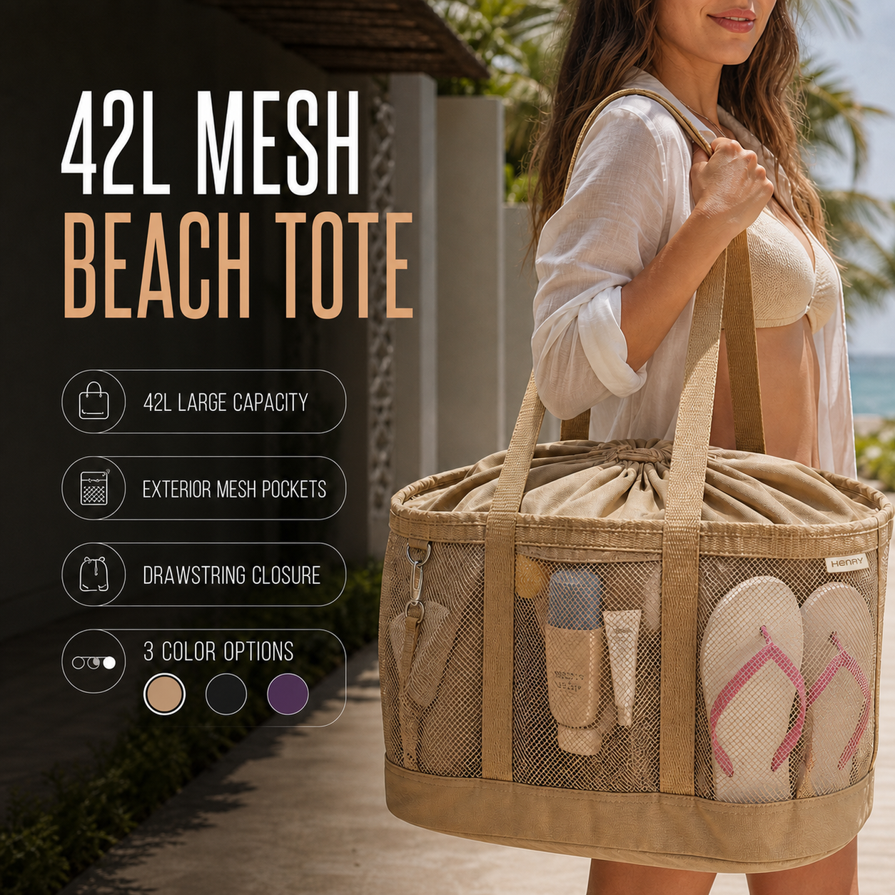 Khaki 42L mesh beach tote with exterior mesh pockets, full-length webbing straps and drawstring closure
