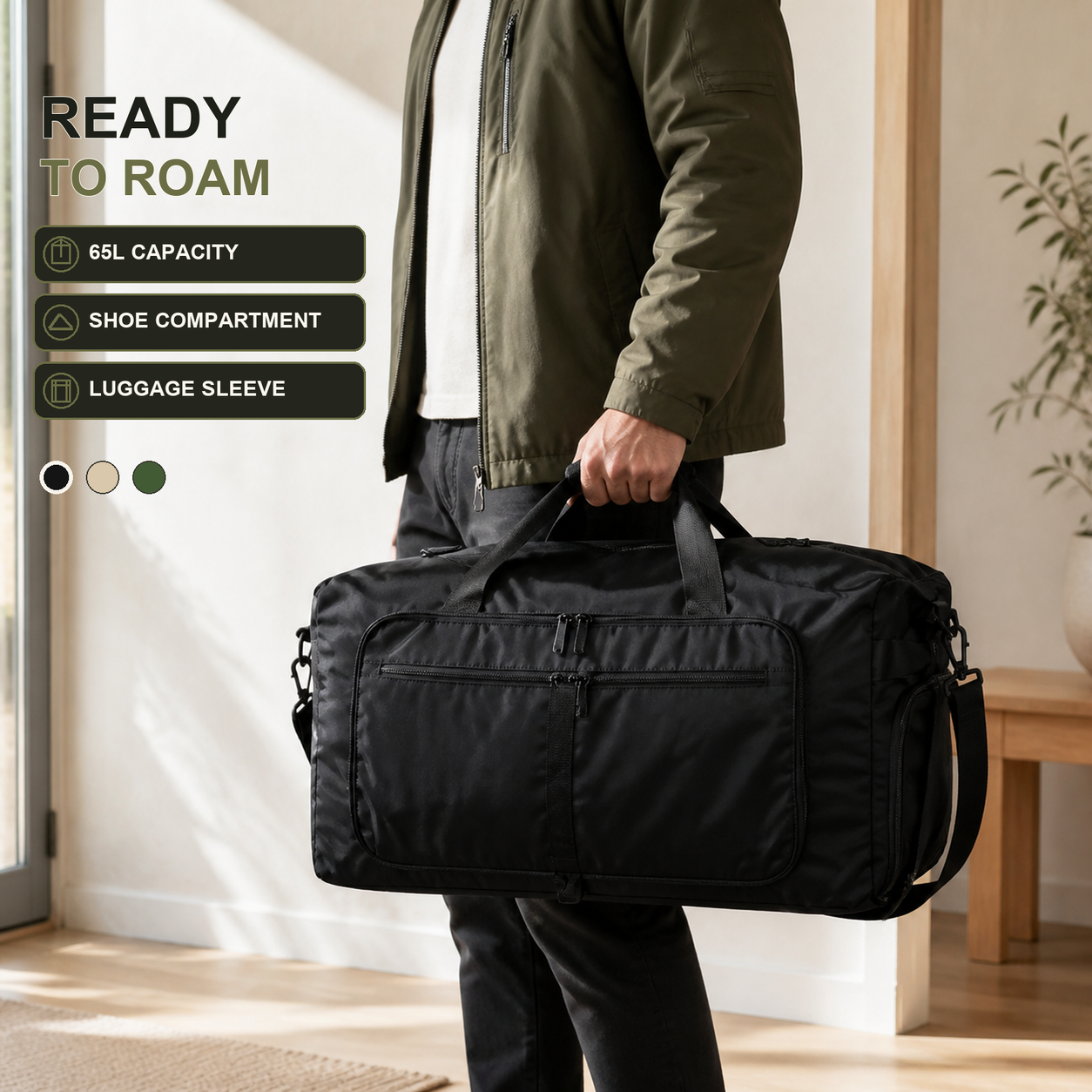 Black 65L foldable travel duffel with large divided front pocket, top handles and removable shoulder strap