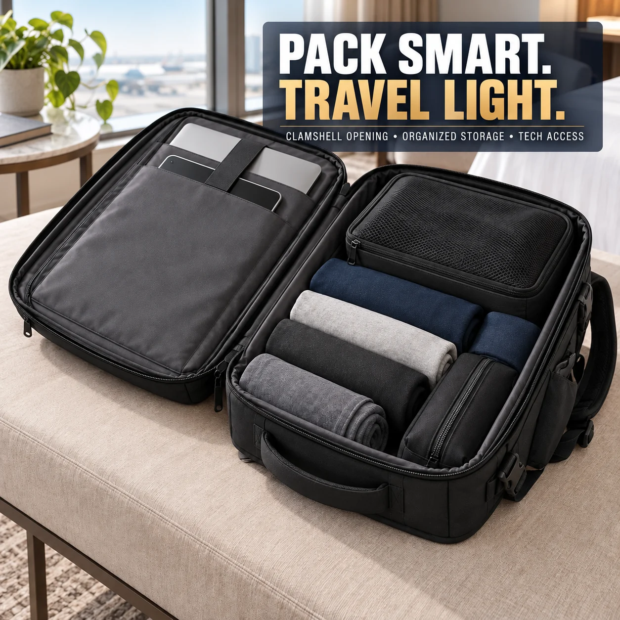 Open charcoal clamshell travel backpack with laptop panel and organized storage; pack smart, travel light, with separate tech access.