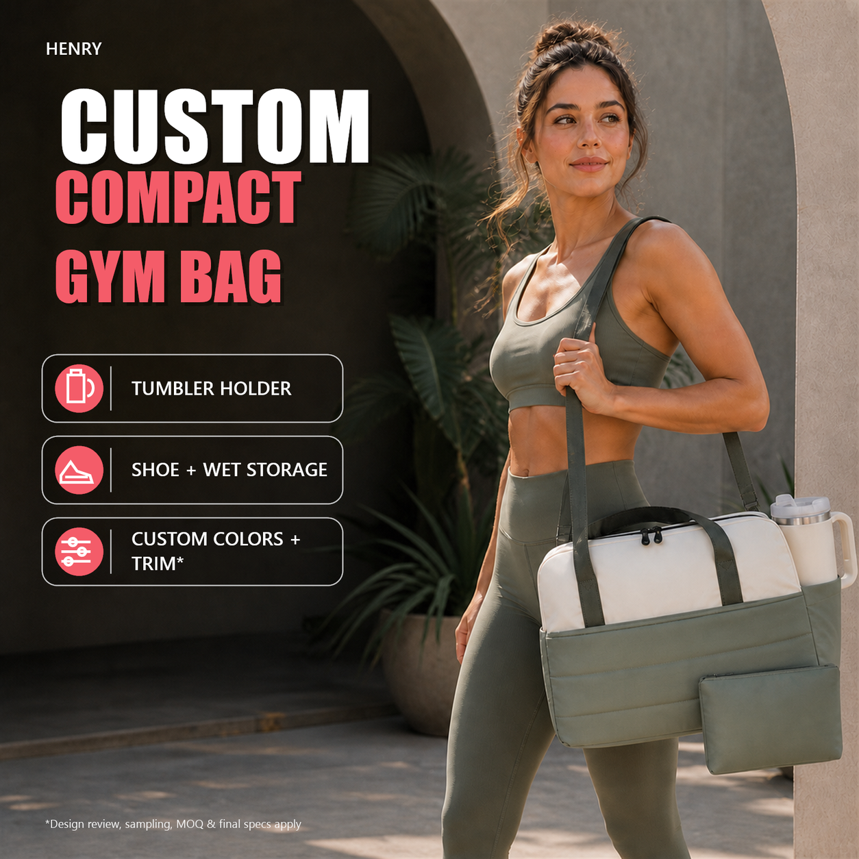 Cream and muted sage compact gym bag with tumbler holder, shoulder strap and matching accessory pouch