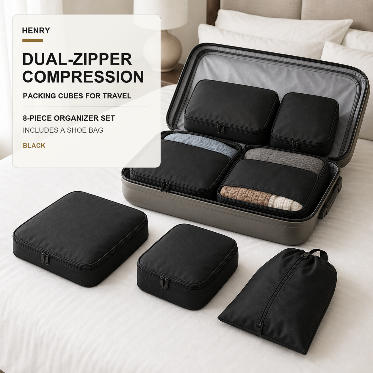 Black compression packing cubes arranged in an open suitcase with a matching shoe bag