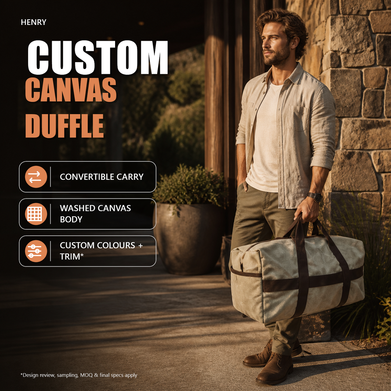 HENRY Custom Convertible Canvas Duffle Backpack Grey-green washed-canvas duffle with dark brown webbing and top handles