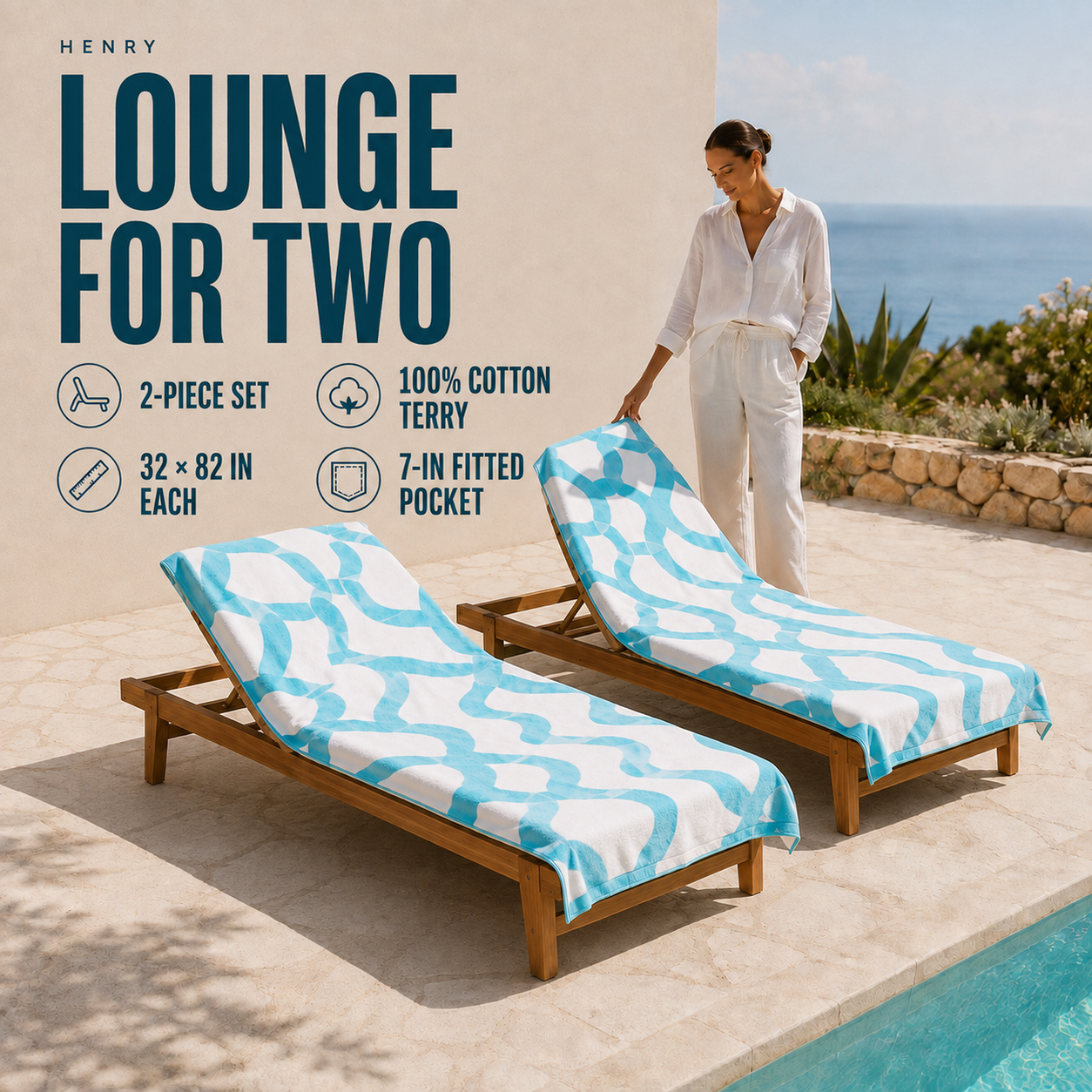 Two Aqua Blue cotton terry lounge chair covers with long proportions and fitted top pockets in a poolside setting