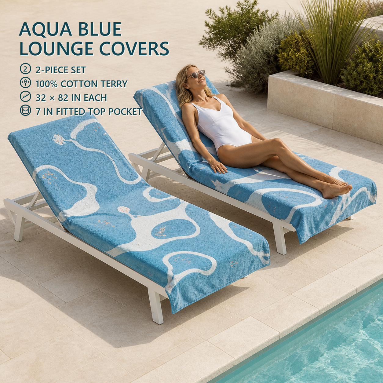 HENRY GOOD Custom Cotton Terry Lounge Chair Cover Set Two Aqua Blue cotton terry lounge chair covers with long proportions and fitted top pockets in a poolside setting