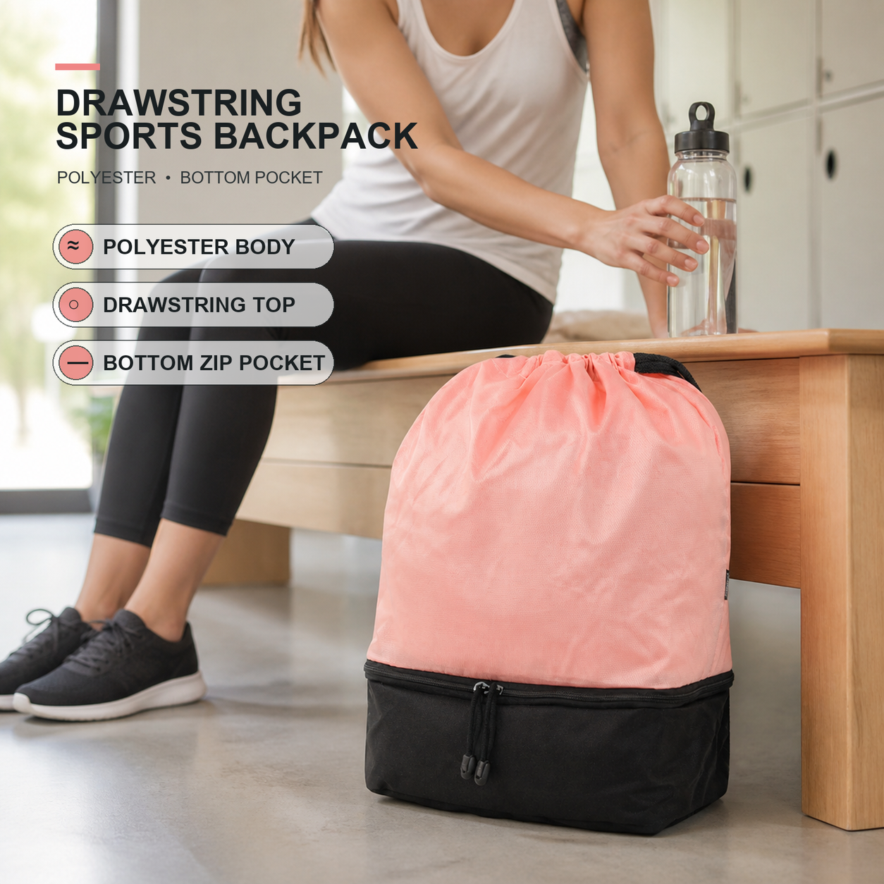 Coral-pink polyester drawstring sports backpack with black drawcords and a black zippered bottom pocket in a gym setting