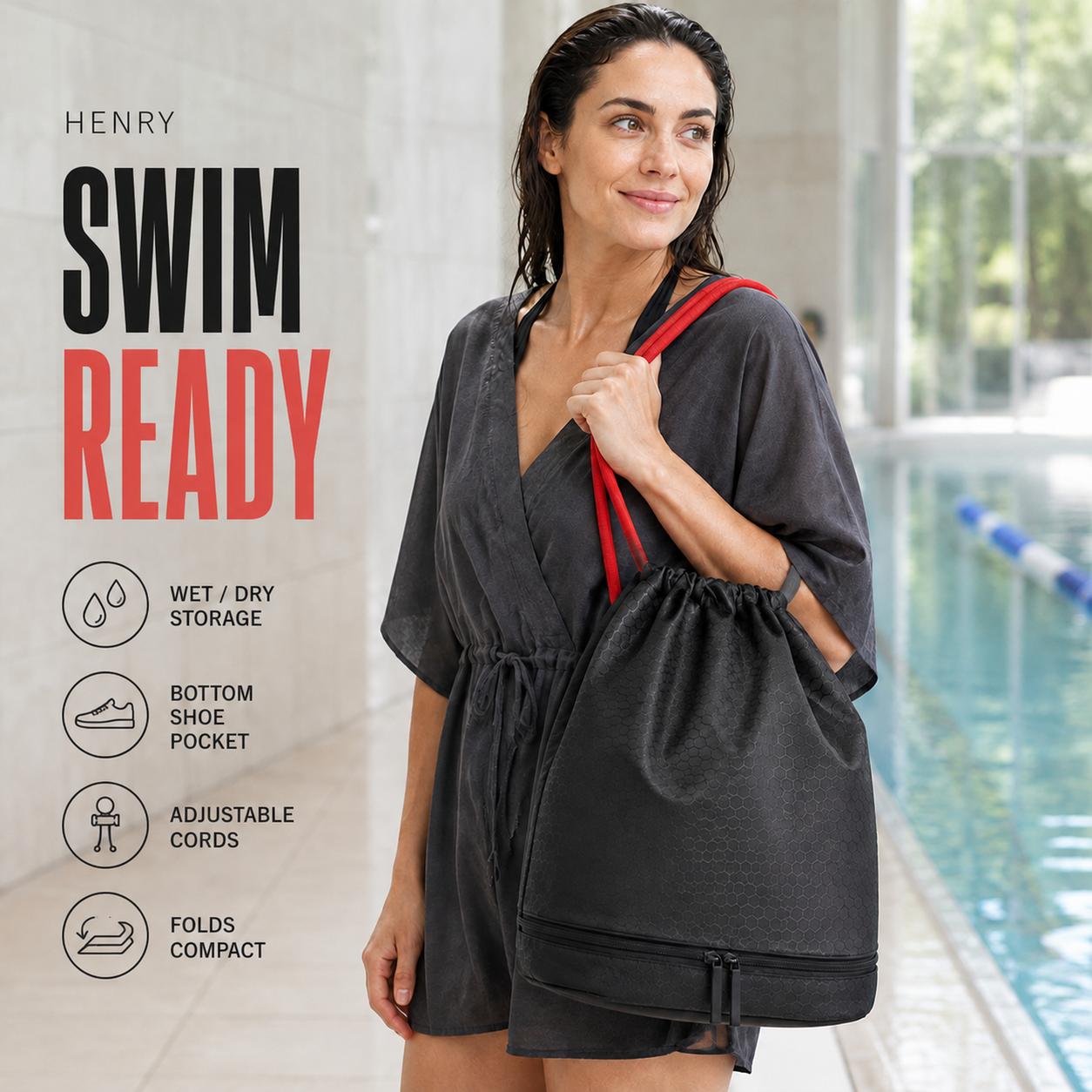 Black ripstop nylon drawstring swimming backpack with red drawcord straps and zipped bottom shoe compartment