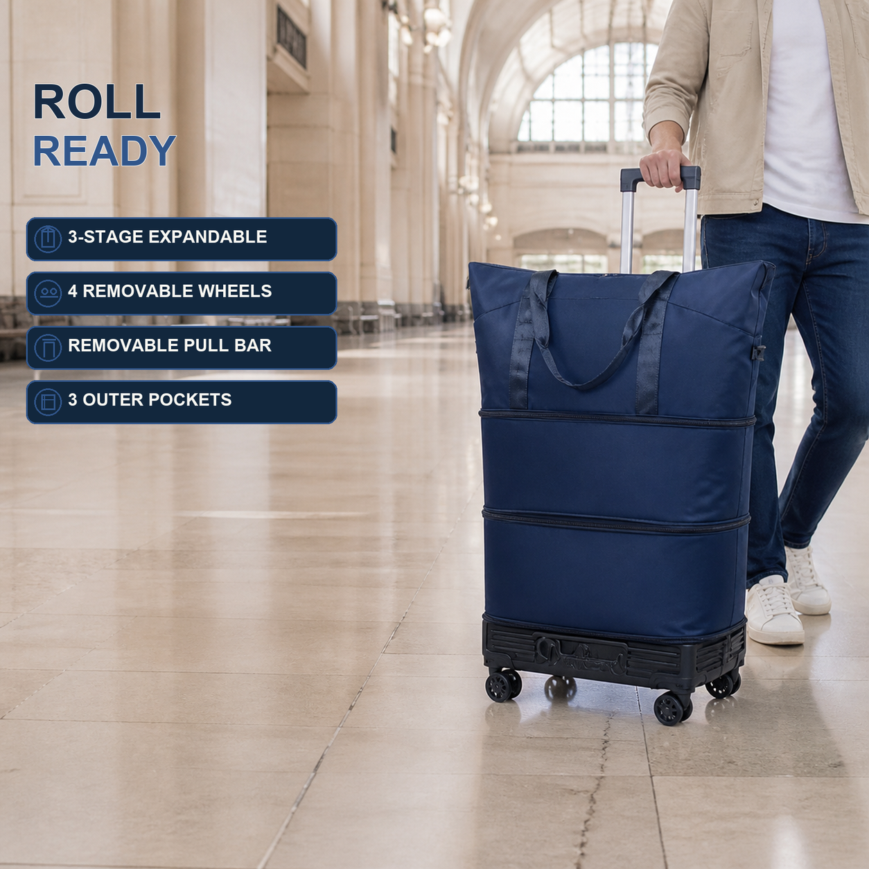 HENRY Custom Expandable Rolling Travel Duffel Bag Deep Navy expandable Oxford rolling duffel bag with removable spinner wheels, pull bar and outer pockets
