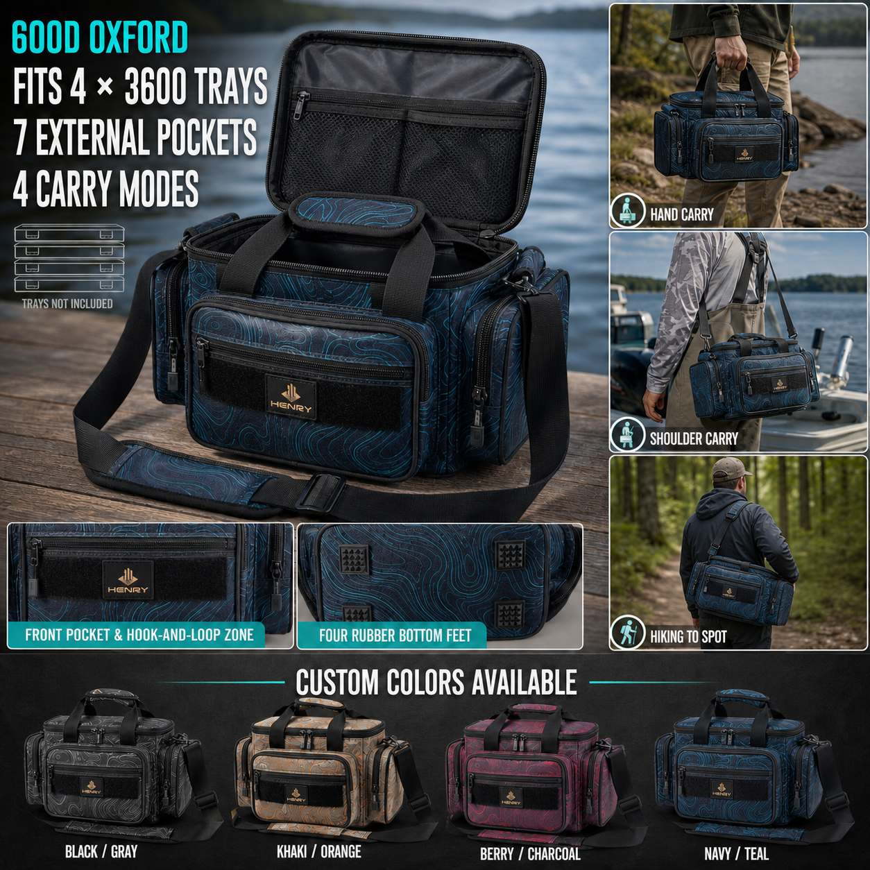 Custom navy fishing tackle bag with multiple pockets, carry scenes, detail views and made-to-order color options