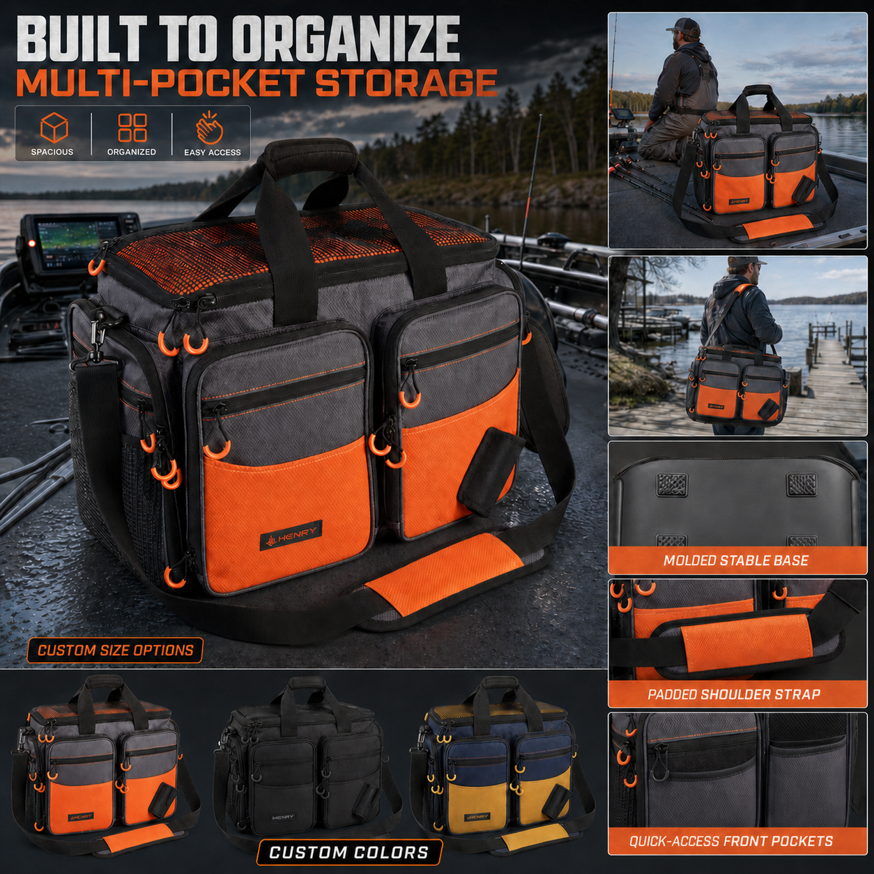 HENRY custom orange and charcoal fishing tackle bag with multiple pockets, padded shoulder strap, molded base, and custom color options